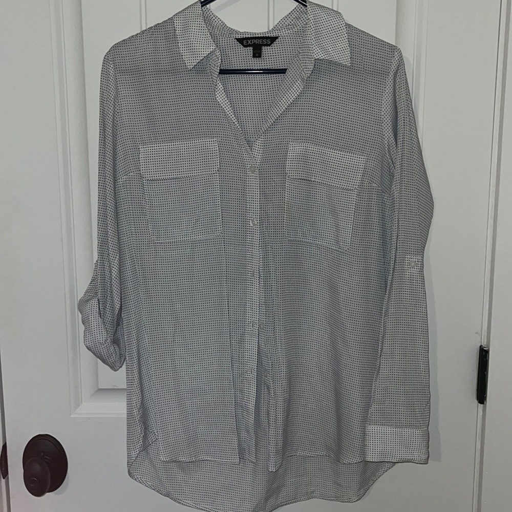 Express long sleeve blouse with blue polka dots